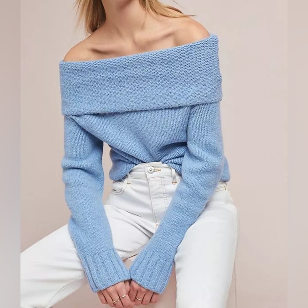 Anthropologie blue knitted off the shoulder sweater